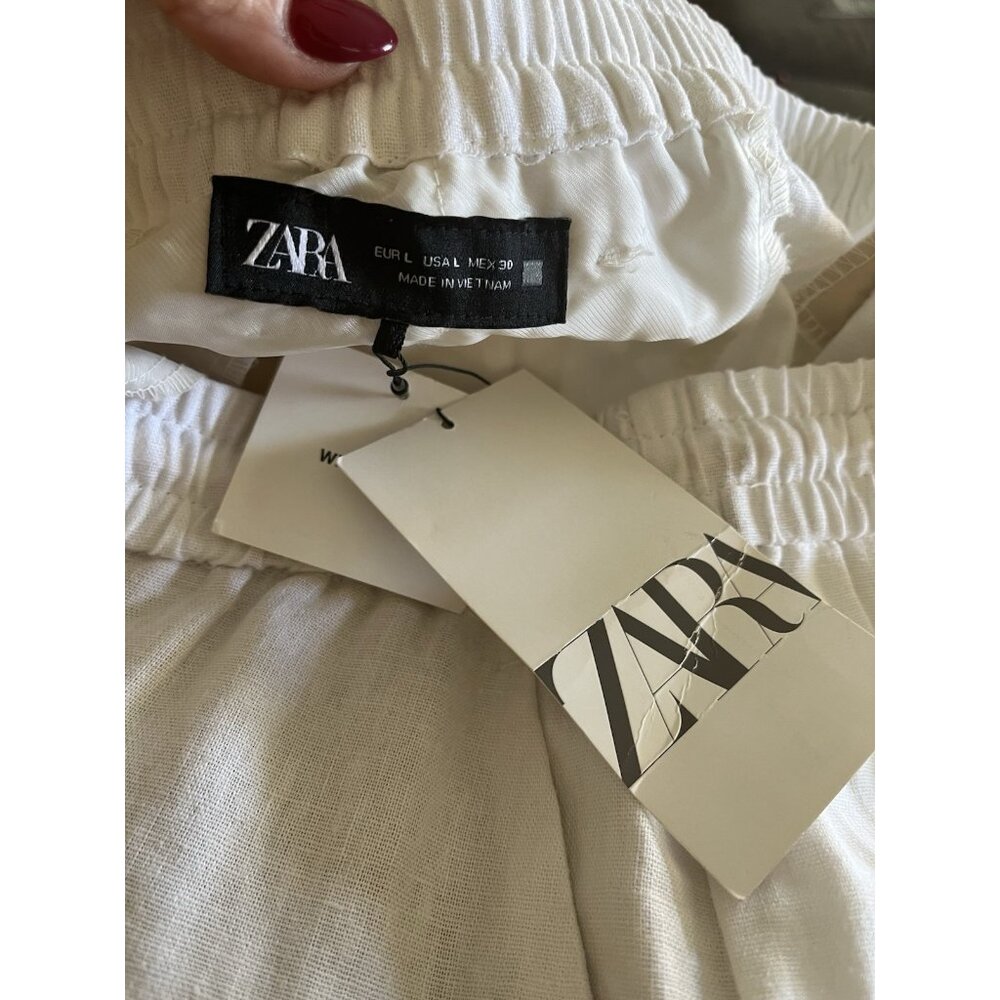 Zara Women's Linen Blend Straight Leg Pull On White Pants Size Large Casual New - Picture 5 of 5
